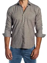 Jared Lang Trim Fit Geometric Pattern Long Sleeve Button-up Cotton Shirt In Tan Multi