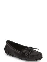 Minnetonka Women's Deerskin Kilty Moccasin Flats Women's Shoes In Black