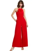 Mac Duggal Flower Embellished Crepe Halter Neck Jumpsuit In Cherry