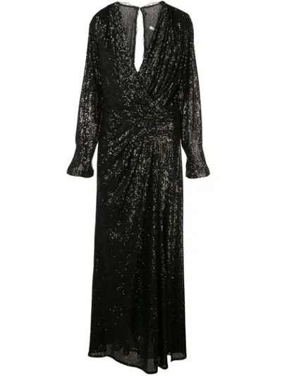 Jonathan Simkhai Sequin Embroidered Long Sleeve Draped Front Gown In Black