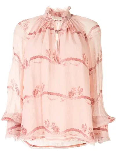 Jonathan Simkhai Floral Ruffled Neck Blouse In Pink