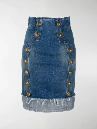 Balmain Fitted Denim Skirt In Blue