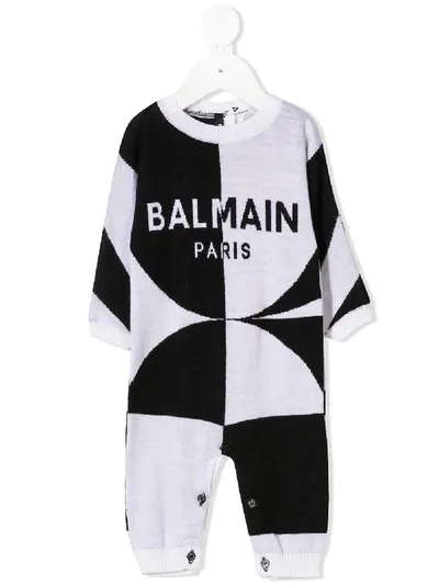 Balmain Intarsia Knit Logo Babygrow In Black