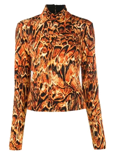 Just Cavalli Leopard-print Stretch-jersey Turtleneck Top In Orange