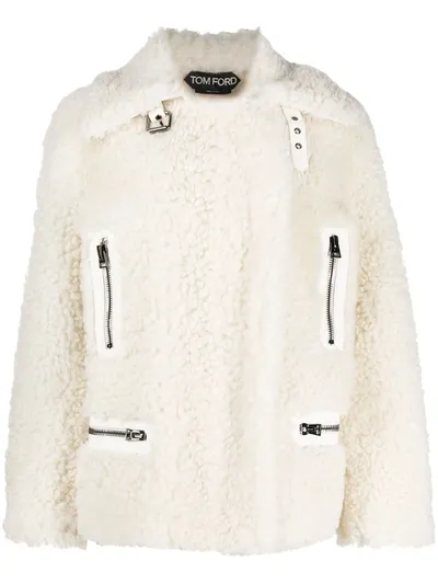 Tom Ford Zip-up Shearling Jacket In White