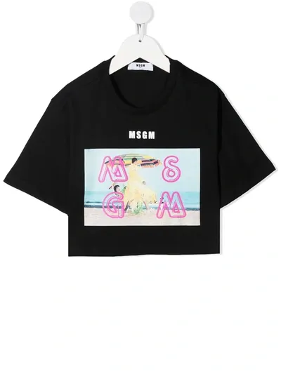 Msgm Kids' Photograph-print Cotton T-shirt In Black