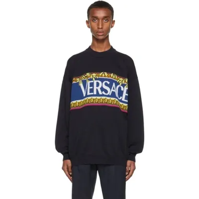 Versace Navy Knit Logo Graphic Sweater In Blue