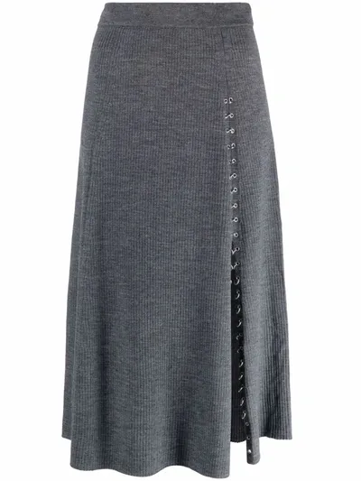 Maje Knitted Slit Skirt With Piercings In Gray