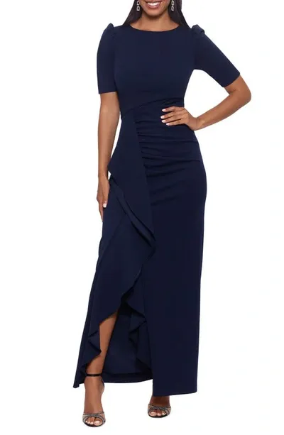 Xscape Scuba Crepe Ruffle Gown In Navy