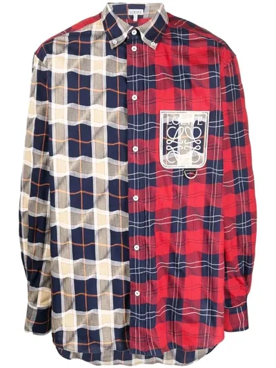 Loewe Men's Patchwork Check Sport Shirt In Red,blue,beige