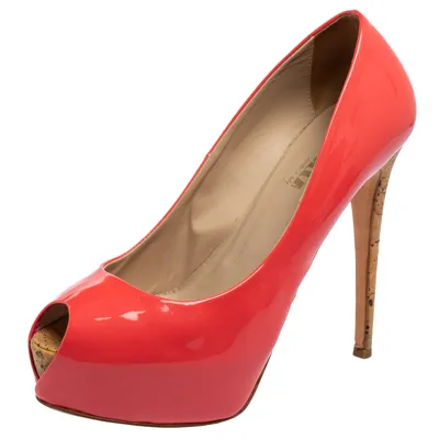 Pre-owned Le Silla Watermelon Pink Patent Leather Peep-toe Platform Pumps Size 37.5