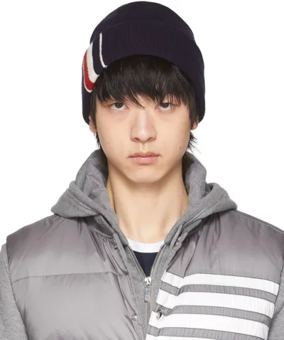 Thom Browne Tricolor Striped Jersey Stitch Merino Wool Beanie In Navy