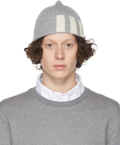 Thom Browne Striped Cashmere Knit Beanie In Light Grey