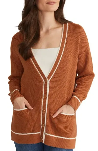 525 America Emma Tipped Cotton Cardigan In Toasted Almond Multi