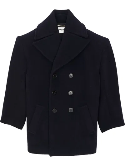 Saint Laurent Double-breasted Wool Coat In Blue