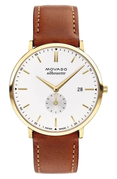 Movado Men's Heritage Silhouette Swiss Quartz Cognac Genuine Leather Strap Watch 40mm In White