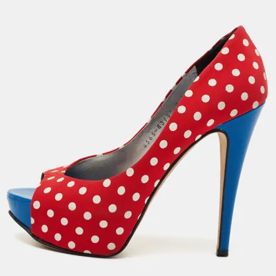 Pre-owned Gina Red/blue Polka Dot Print Canvas Peep Toe Platform Pumps Size 38