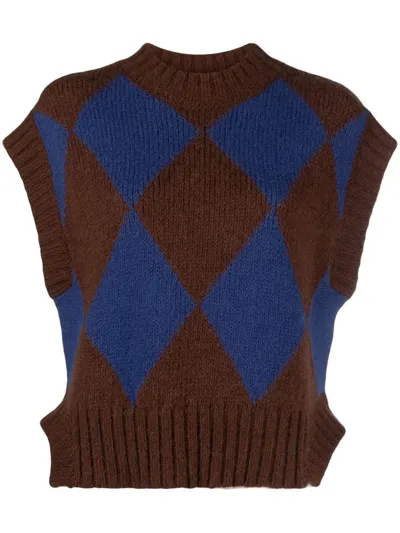 La Doublej Argyle-check Knitted Vest In Blu