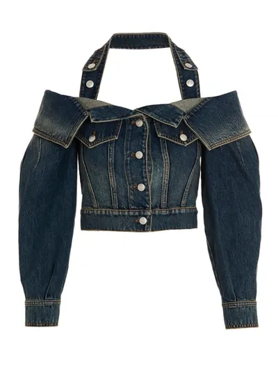 Alexander Mcqueen Off-the-shoulder Cropped Denim Jacket In Blue