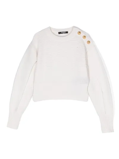 Balmain Kids' Slit-sleeve Ribbed-knit Jumper In White