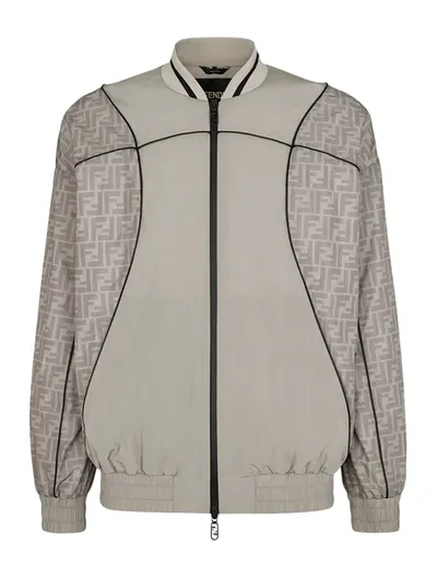 Fendi Windbreaker Nylon Bomber Jacket With Monogram In Nude & Neutrals