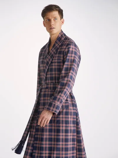 Derek Rose Mens Navy York Checked Relaxed-fit Wool Robe