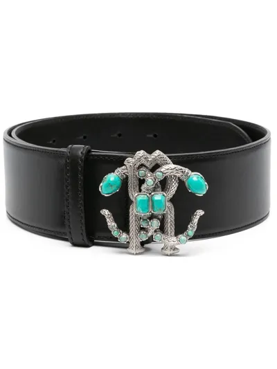 Roberto Cavalli Mirror Snake Leather Belt In Black