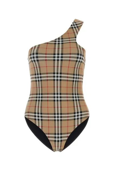 Burberry Check Stretch Nylon Asymmetric Swimsuit In Multicolor