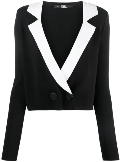 Karl Lagerfeld Notch-lapel Cropped Cardigan In Black