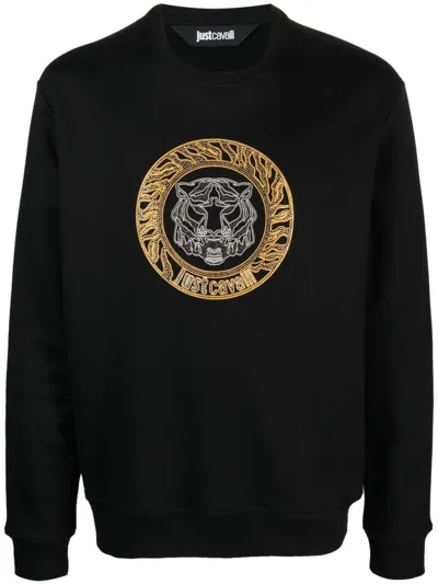 Just Cavalli Rhinestone-embellished Logo-print Jumper In Black