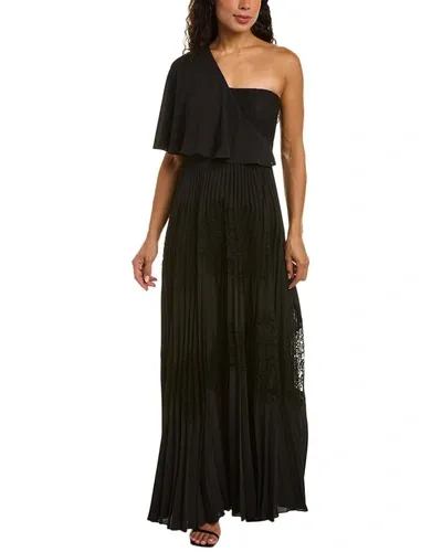 Mikael Aghal One-shoulder Pleated Crepe And Lace Maxi Dress In Black