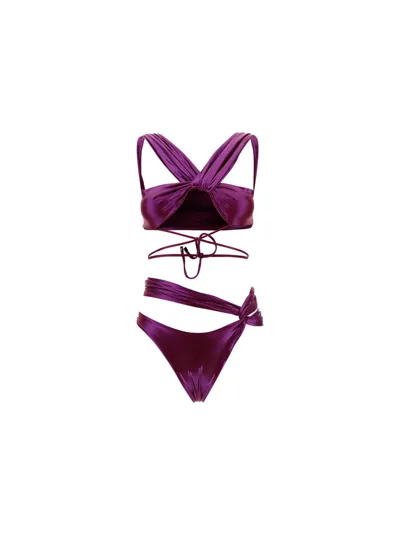 Attico Bouganville Purple Crossed Design Metallic Bikini