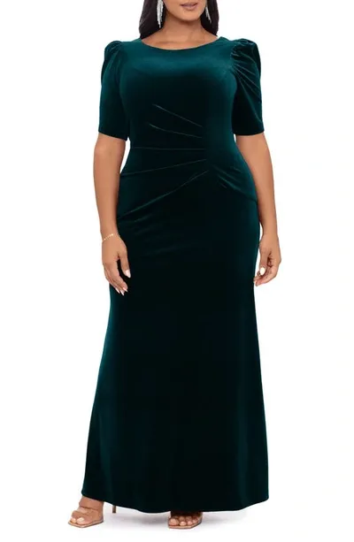 Xscape Ruched Puff Sleeve Velvet Gown In Hunter