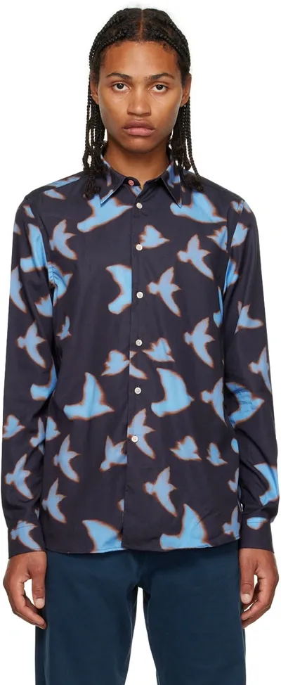 Ps By Paul Smith Shadow Birds-print Long-sleeve Shirt In Blue