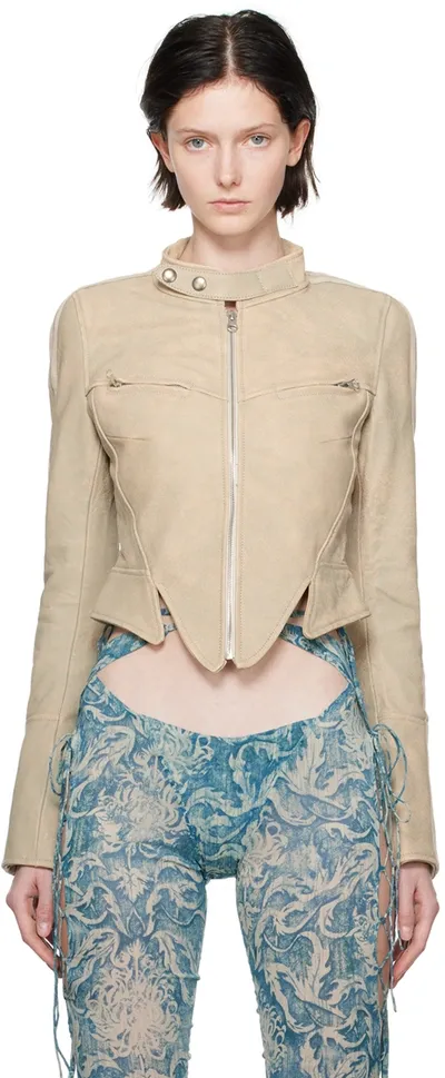 Knwls Ssense Exclusive Beige Leather Jacket In Distressed Sage