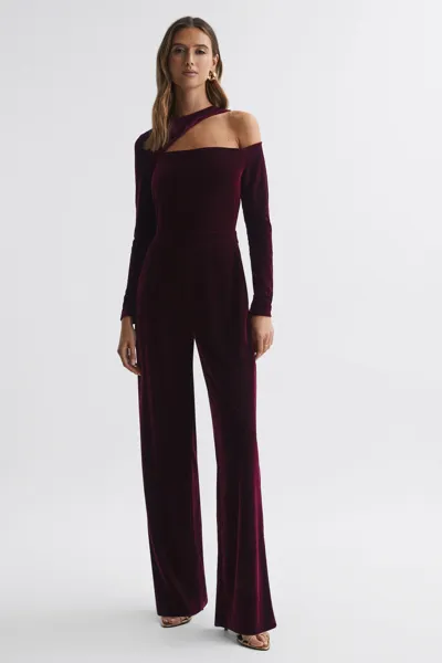 Reiss Berry Adele Velvet Off-the-shoulder Jumpsuit In Red