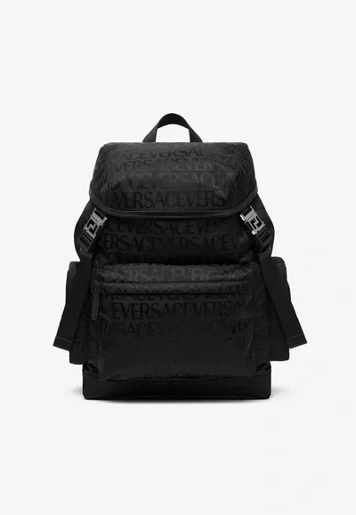 Versace All-over Logo Jacquard Backpack In Black