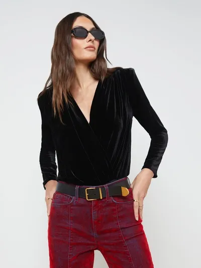 L Agence Marcella Wrap-effect Velvet Bodysuit In Black