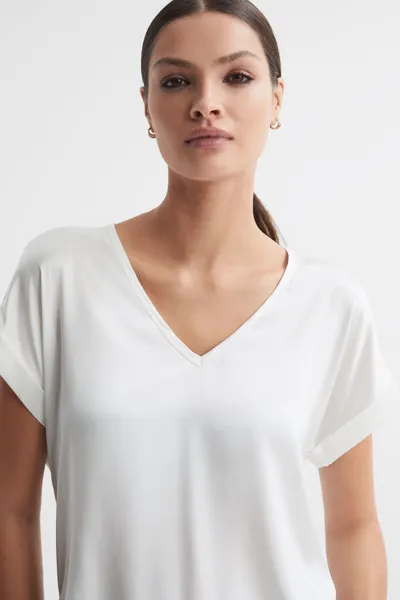 Reiss Ivory Natalia Silk-front V-neck T-shirt