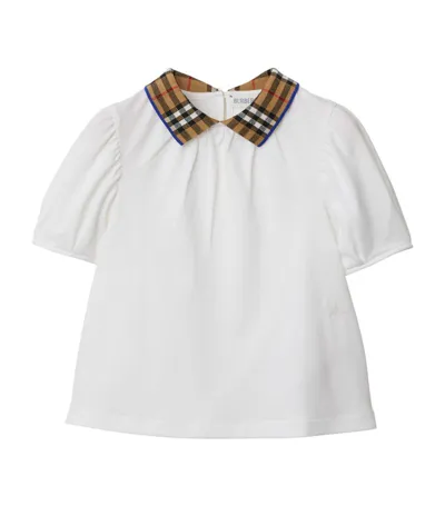 Burberry Kids' Girl's Alesea Check Rib-knit Collar Short-sleeve Top In White