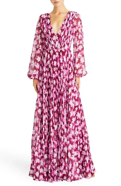 ml Monique Lhuillier Melanie Pleated Floral-print Chiffon Gown In Pink