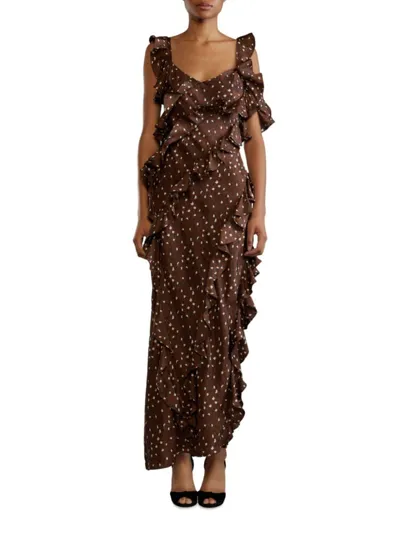 Cynthia Rowley Ruffled Polka-dot Silk Maxi Dress In Brown Multi