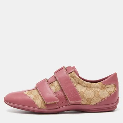 Pre-owned Gucci Beige/pink Gg Canvas And Leather Low Top Sneakers Size 35