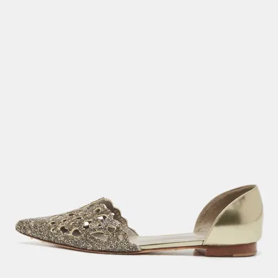 Pre-owned Gina Metallic Leather Crystal Embellished Laser Cut D'orsay Flats Size 39.5