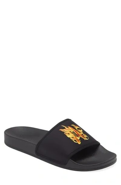 Palm Angels Burning Monogram Fabric Pool Slides In Multicolor