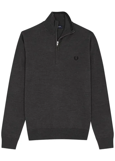 Fred Perry Logo-embroidered Wool-blend Half-zip Jumper In Grey