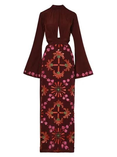 Johanna Ortiz Aurora Magica Embellished Silk-blend Maxi Dress In Wine Red Pink