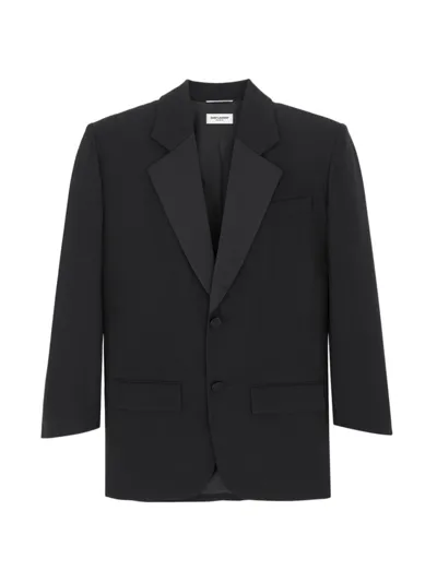 Saint Laurent Men's Oversized Tuxedo Jacket In Raised-stripe Wool In Black