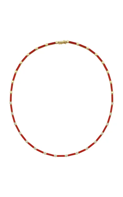 Charms Company Enameled 14k Yellow Gold Diamond Necklace In Red