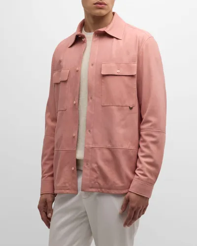 Stefano Ricci Men's Suede Patch Pocket Overshirt In Light Pink